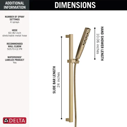Miniatura 2 de Delta Faucet Tetra H2Okinetic - Regadera de mano con manguera, cabezal de ducha de mano dorado, ducha de mano con barra deslizante, ducha de mano