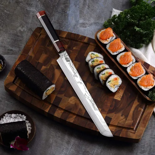 Miniatura 4 de FINDKING Cuchillo Sakimaru de la Serie Prestige con Funda de Nogal, Hoja de Acero Damasco Japonés SKD11, Mango Octagonal de Madera de Ébano