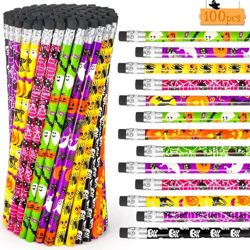 100 lápices de Halloween para niños pequeños, recuerdos de fiesta de Halloween, lápices de colores con borrador, bolígrafos de patrones surtidos,