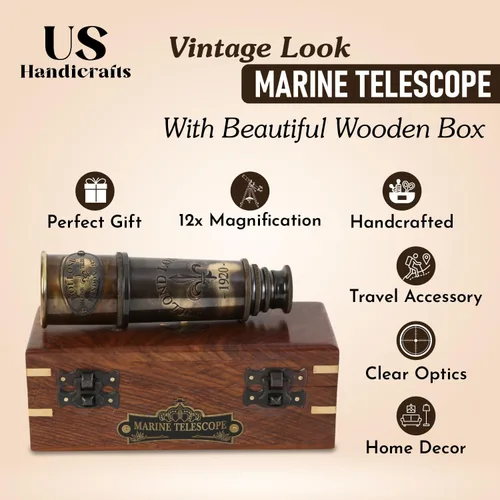 Miniatura 3 de Telescopio marino 1920 – Cristal espía vintage de latón con caja de madera Telescopio náutico antiguo de 15 pulgadas – Pirata y explorador