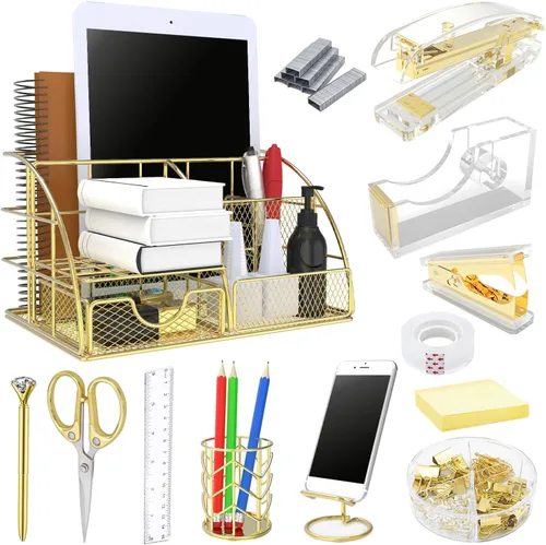 Organizadores de escritorio YOLOZAI, 13 piezas de suministros y accesorios de oficina dorados, organizador de escritorio, engrapadora acrílica,