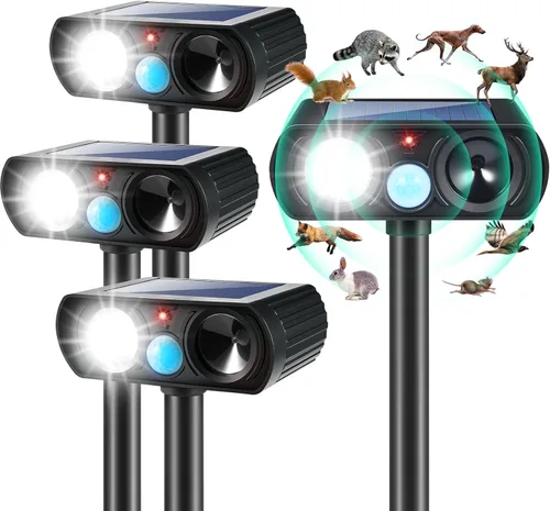 Paquete de 4 repelentes de gatos Feral para exteriores, repelente de animales ultrasónico solar con detección de movimiento y luz de flash,