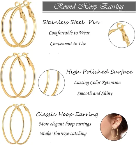 Miniatura 2 de Juego de 6 pares de aretes de aro chapados en oro de acero inoxidable para mujeres y niñas aros hipoalergénicos para mujer 304050in Acero inoxidable