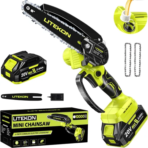 Miniatura 9 de Mini motosierra de alta potencia con motor de 1000 W, motosierra inalámbrica de 36 pies/S con sistema de aceite automático, motosierra eléctrica