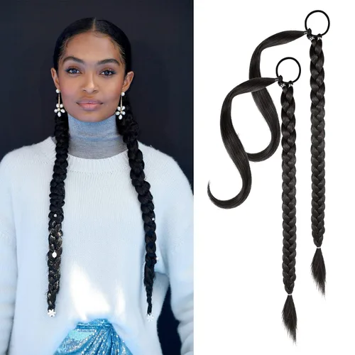 Miniatura 17 de YOGFIT 2 piezas Extensión de cola de caballo trenzada DIY, extensión de cola de caballo larga y lacia con envoltura natural, cabello sintético suave