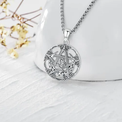Miniatura 61 de Collar de pentagrama de plata de ley con triple luna, diosa celta, nudo celta, nudo de brujas, Ankh, sol y luna, Hécate, lilith, Santa Muerte