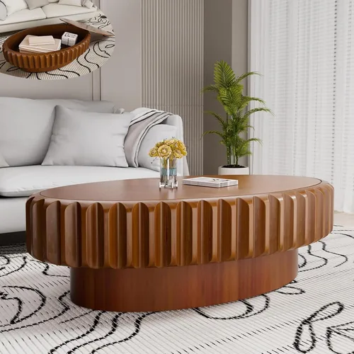 Miniatura 10 de Mesa auxiliar ovalada con almacenamiento, mesa de centro moderna acanalada de 43.3 pulgadas con tapa extraíble para sala de estar, mesa central