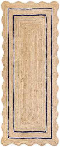 Miniatura 9 de Alfombra de Yute Natural Ondulada Festoneada - Corredor de Entrada Boho, Festón de Granja, Azul Cielo (2'x3')
