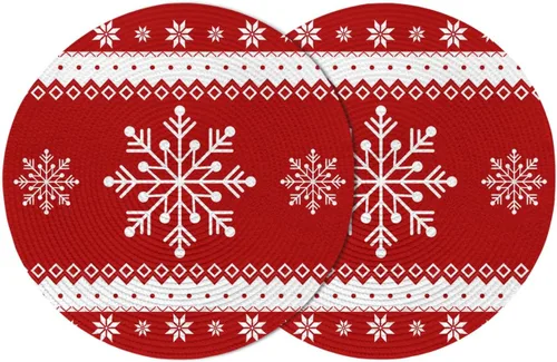 Paquete de 2 manteles individuales redondos trenzados, telón de fondo rojo con copos de nieve blancos de 15 pulgadas, lavables, resistentes al