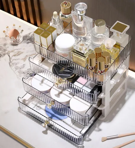 Miniatura 3 de Organizador de maquillaje con 3 cajones grandes, organizador de encimera para cosméticos, ideal para tocadores de baño y dormitorio, soporte