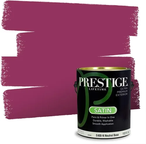 Miniatura 223 de Prestige Paints E100-T-SW6591 Pintura exterior e imprimación en uno, 1 galón, plano, combinación comparable de Sherwin Williams Amaryllis, 1 galón