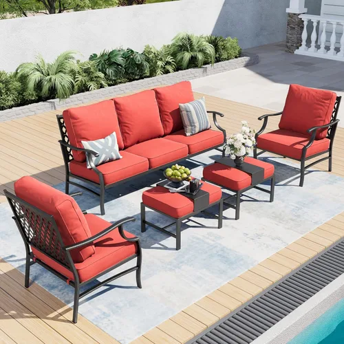 Miniatura 34 de SUNSHINE VALLEY Juego de muebles de patio, 4 piezas de muebles modernos de metal para exteriores, sofá de 3 plazas, 2 sillas mecedoras, mesa