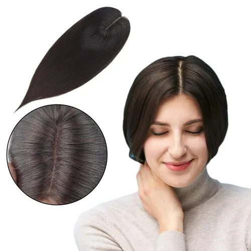 Miniatura 9 de Extensiones de cabello humano virgen de alta calidad de 12/20 pulgadas con clip para mujer, base mono de 5 x 6 pulgadas, repuesto negro natural