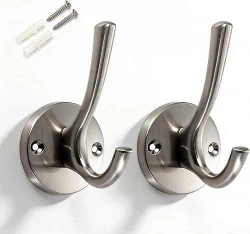 Ganchos de pared plateados para toallas, paquete de 2 ganchos de pared de níquel cepillado, ganchos de pared resistentes para abrigos, batas,