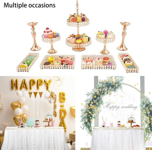 Miniatura 2 de YIYIBYUS Juego de 9 soportes de cristal para tartas, soporte para cupcakes, frutas, dulces, postres con cuentas de cristal para mesa de postre, 9