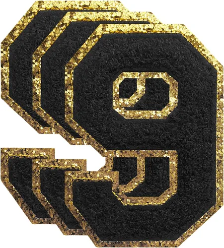 Miniatura 103 de 3 parches de números de chenilla negra, tamaño grande de 4-1/2" parches de números para planchar, parches universitarios para ropa, 8" Borde oro rosa
