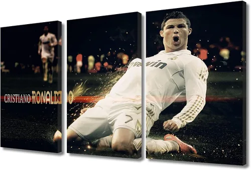 Miniatura 8 de TISHIRON CR7 - Póster de Cristiano Ronaldo de 3 piezas, lienzo para pared, cuadros de superestrella de fútbol, arte de pared grande envuelto