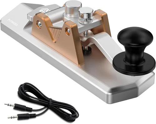 Miniatura 7 de Mini CW Key Morse Radio HAM Big Double Paddle Código Morse Llave Cuerpo de aleación de aluminio con base de altavoz Gris
