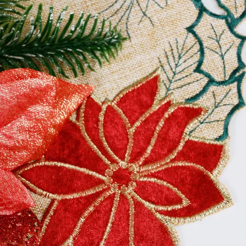 Miniatura 6 de OWENIE Juego de 4 manteles individuales redondos de flor de pascua de Navidad, bordados, con apliques bordados, manteles individuales de lino