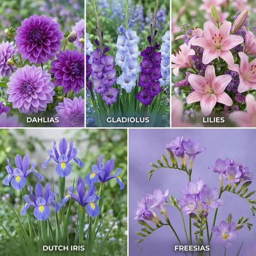 Miniatura 3 de WeGarden - 32 bulbos de flores mixtas para plantar en primavera, dalia, gladiolo, lirio, iris holandés y fresia Colección de bulbos de fácil