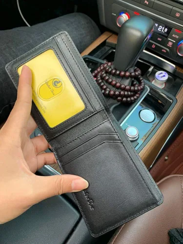 Miniatura 2 de Cartera delgada de cuero para hombre, billetera pequeña con bolsillo frontal con bloqueo RFID, ventana de identificación