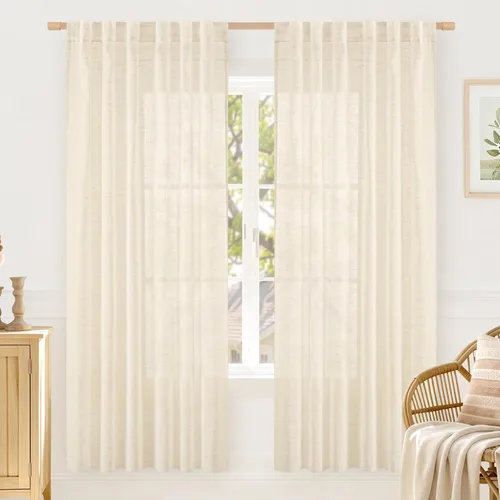 Miniatura 77 de LAMIT Cortinas de lino beige de 30 pulgadas de largo para ventanas pequeñas, cortinas semitransparentes filtrantes de luz, pestaña trasera