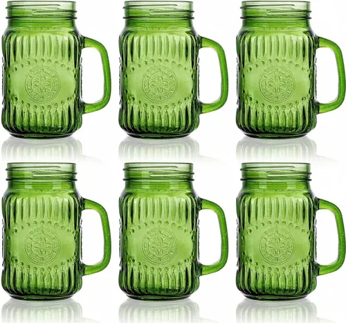 Miniatura 12 de SUT Mason Jar - Vasos para beber con asa, paquete de 6, 16 onzas, tazas de tarro Mason en relieve vintage para café helado, jugo, té y cerveza