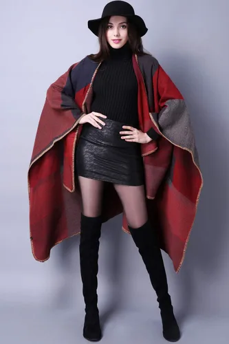 Miniatura 2 de Chal de punto para mujer, a cuadros, con parte delantera abierta, tipo poncho, tipo capa envolvente