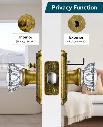 Miniatura 4 de Pomos de puerta de cristal para interiores, pomos de puerta de cristal de latón envejecido con cerradura para uso de privacidad, pomos de puerta