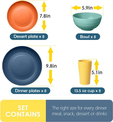 Miniatura 2 de Teivio Juego de vajilla de paja de trigo de plástico de cocina de 32 piezas, servicio para 8, platos de cena, plato de postre, cuencos para Colorido
