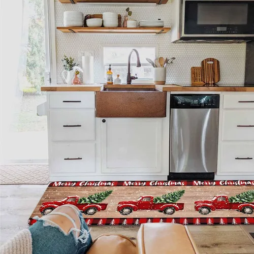 Miniatura 5 de Juego de 2 alfombras de cocina con camión rojo, árbol de Navidad rojo sobre tablero de madera retro, antideslizante, cómodo, tapete de pie