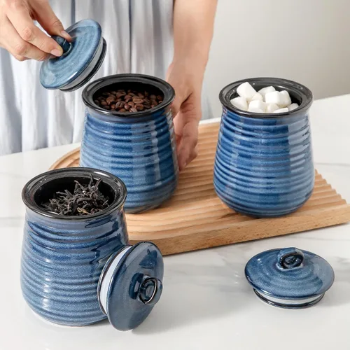 Miniatura 5 de Juego de botes de cocina HASENSE con tapa hermética para encimera, tarros de almacenamiento de alimentos vintage de cerámica de 25 onzas, juego de 3