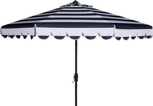 SAFAVIEH Sombrilla de patio para exteriores, redonda, de 9 pies, colección Maui, rayas azul marino y blanco, manivela, inclinación con botón, Azul