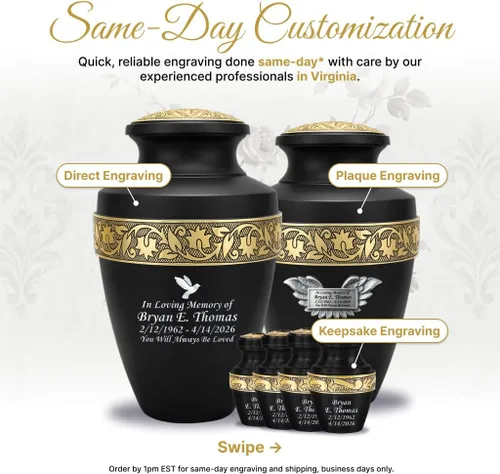 Miniatura 4 de Juego de 6 urnas funerarias decorativas negras y doradas personalizadas/grabadas para cenizas humanas, hombres y mujeres, con 1 urna grande