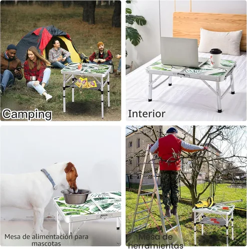 Miniatura 6 de Mesa de camping plegable de 2 pies, mesa de picnic portátil de altura ajustable, mesa de cartas pequeña, de aluminio, plegable, ligera, con asa