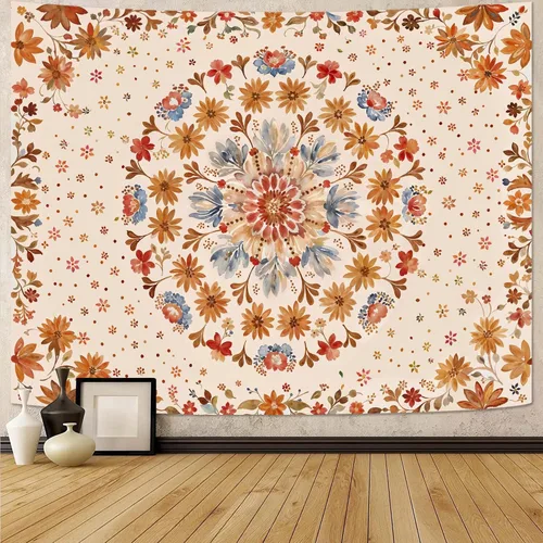 Fowocu Tapiz bohemio con mandala floral para colgar en la pared, medallón de flores bohemias, tapiz estético, beige, naranja, hippie, indio, pequeño