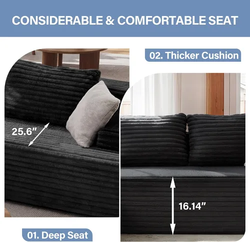Miniatura 6 de Seccional modular: asiento de nube en forma de L con espuma viscoelástica, muebles de sala de estar convertibles de 3 asientos, diván de gran Negro