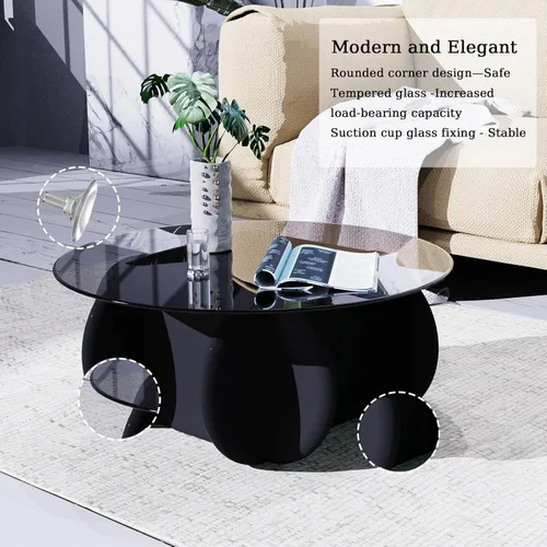 Miniatura 4 de Mesa de Centro con Tapa de Vidrio Negro, Mesa de Centro Redonda Moderna y Elegante con Patas de Madera Maciza y Superficie de Vidrio Templado