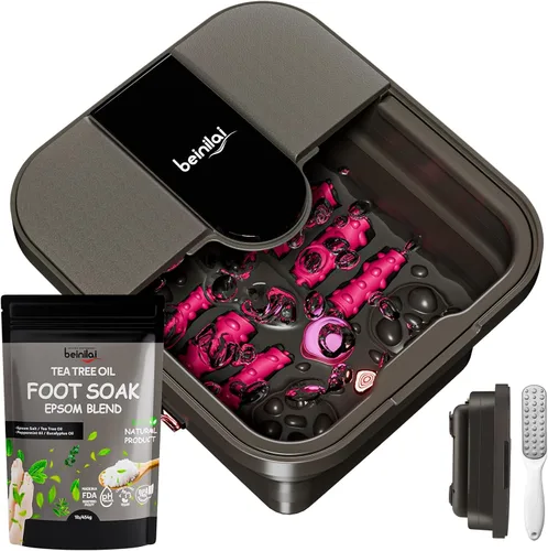 Beinilai Baño de pies plegable para spa con calor, burbujas, rodillos de masaje, baño de pies de aceite de Tea Tree con sal Epsom, lima de pies para