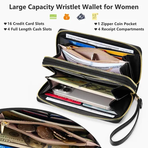 Miniatura 3 de Espera Cartera de mujer con bloqueo RFID de gran capacidad, tarjetero con doble cremallera, de cuero, con cartera para mujer con correa
