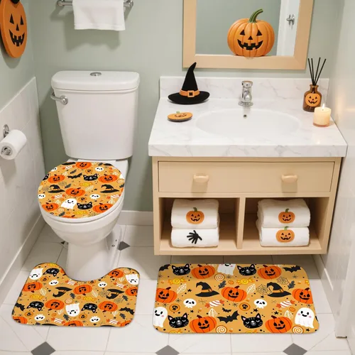 Miniatura 4 de Mocsicka Juego de 4 cortinas de ducha de Halloween para baño, juego de baño de calabaza y fantasma de dibujos animados con alfombras