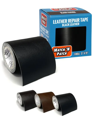 MATCH 'N PATCH Cinta de reparación de cuero, parches realistas de piel sintética negra (3 x 72 pulgadas) para sofá, tapicería, asientos de coche y