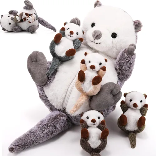 Miniatura 8 de Shappy 5 Piezas Animales de Peluche de Nutria Marina Grande Mamá Nutria Marina de Peluche con 4 Lindos Bebés en su Vientre con Cremallera Peluches