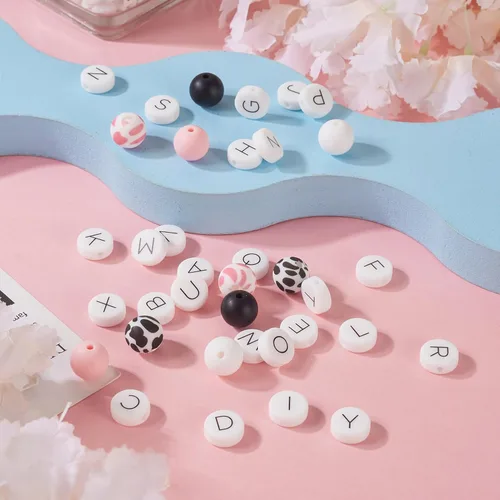 Miniatura 7 de FASHEWELRY 36 cuentas de silicona redondas del alfabeto A-Z, cuentas focales de goma de vaca para pulseras, collares, llaveros, fabricación de joyas