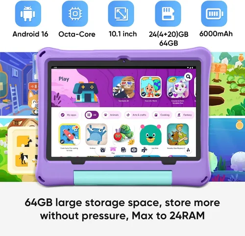Miniatura 2 de Tablet infantil de 10 pulgadas, tableta Android 16 para niños, procesador Octa-Core, 24 GB de RAM, 64 GB ROM 1TF tarjeta expandible para niños