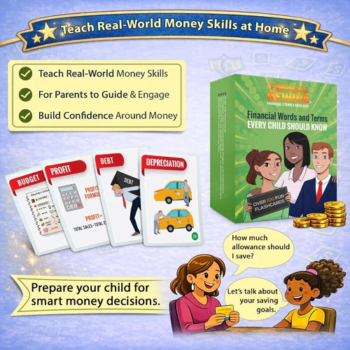 Miniatura 3 de Tarjetas de alfabetización financiera para niños y adolescentes 108 términos de dinero y finanzas con imágenes, definiciones e indicaciones