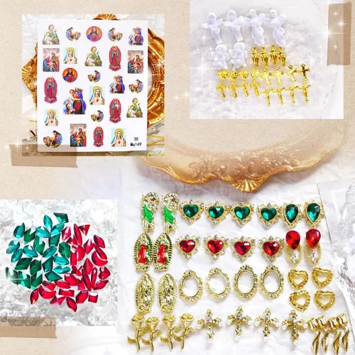 Miniatura 2 de 107 piezas de dijes de uñas de la Virgen María en cruz dorada, dijes de San Judas en aleación 3D en forma de corazón y rosa, ángel con strass