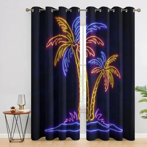 Neon Palm Tree Curtains for Living Room, Synthwave Aesthetic Blackout Curtains for Bedroom, Grommet Drapes 39 Inch Length 2 Panels Set, Neon Palm