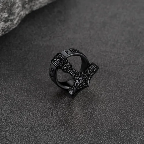 Miniatura 8 de FaithHeart Norse Viking Jewelry - Anillo de acero inoxidable de guerrero para hombre con diseño vikingo de cabeza de lobomartillo de Thor