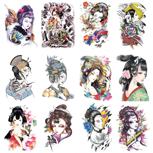 12 hojas de tatuajes falsos en el pecho, brazo, hombro, tatuajes, arte corporal, mangas de 5.9 x 8.3 pulgadas, tatuajes temporales impermeables para